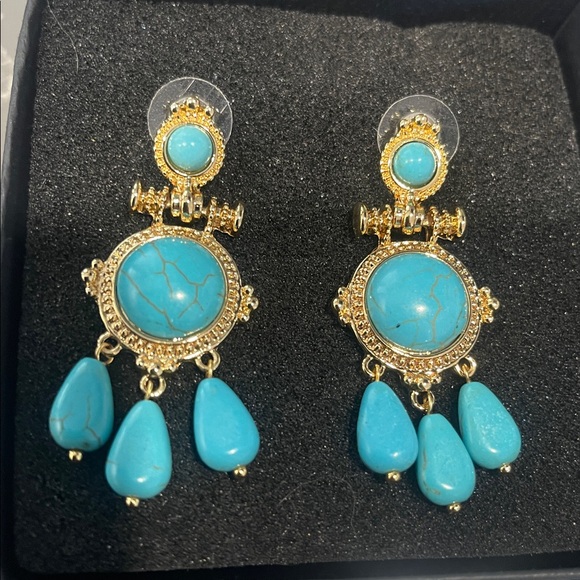 Gold and Turquoise Dangle Earrings - Picture 2 of 3